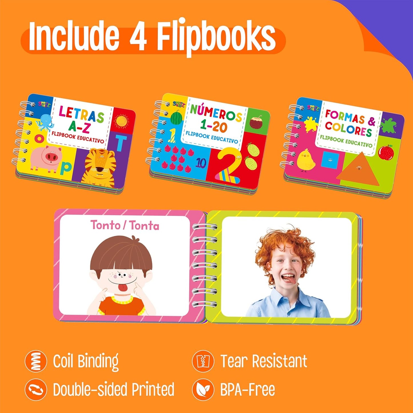 4 Preschool Learning Flipbooks, 96PCS Double Sided Printed Cards Set, Alphabet Letter A-Z, Number 1-20, Feelings and Emotions, Shapes and Colors Mini Board Books Set Early Educational Tool for Kids