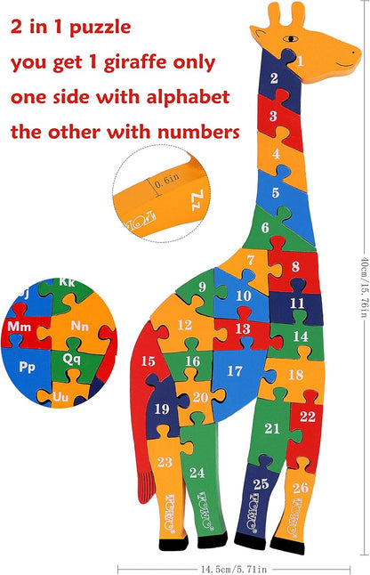 TOWO Wooden Giraffe Alphabet Blocks and Number Blocks Jigsaw Puzzle 41 cm Large Size 2 in 1 ABC Number Puzzle - Wooden Letter Puzzles Educational Toys for 3 Year olds