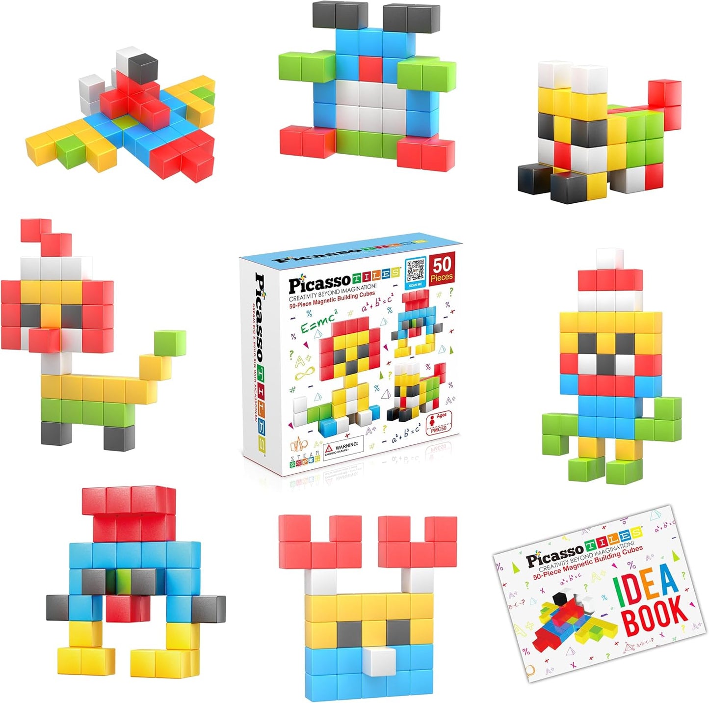 PicassoTiles 60pc Magnetic Puzzle Cube Building Set 1 Inch 3D Blocks STEM Construction Toy for Toddlers Kids Boys Girls Age 3+ Montessori Learning Travel Sensory Gift with Educational Idea Book PMC60