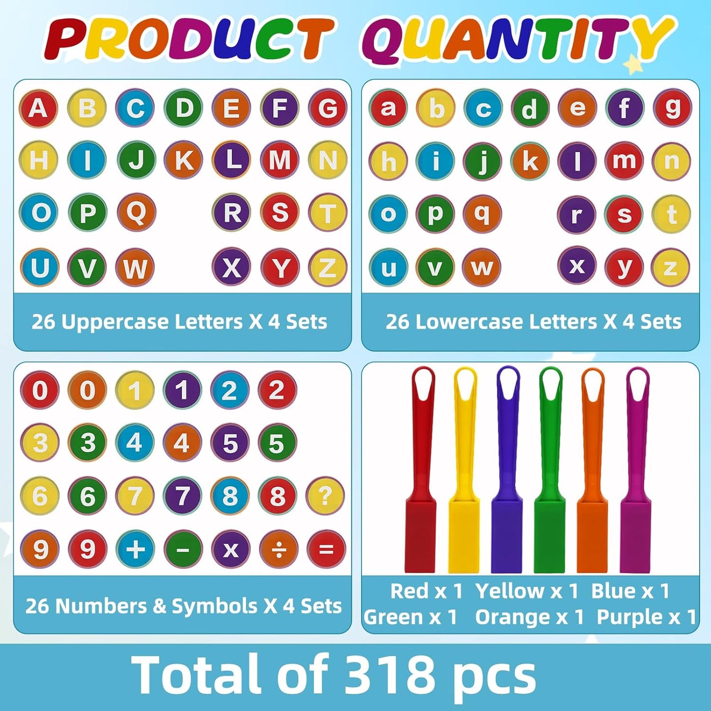 Coopay 312 Pcs Alphabets Numbers Chips and 6 Pcs Magnetic Wands - Toddler Learning Letters for Spelling, Reading Tools for Kids Science of Reading Manipulatives, Teaching Supplies Kindergarten