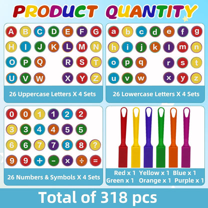 Coopay 312 Pcs Alphabets Numbers Chips and 6 Pcs Magnetic Wands - Toddler Learning Letters for Spelling, Reading Tools for Kids Science of Reading Manipulatives, Teaching Supplies Kindergarten
