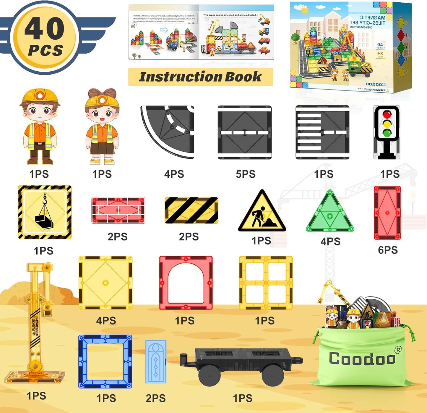 Coodoo Kids Games Magnetic Tiles Road Set with Extendable Magnetic Crane, City Construction Building Toys for Toddlers STEM Preschool Ages 4-6 5-7, Gifts for 3+ Year Old Boys Girls Kids Toys with Car