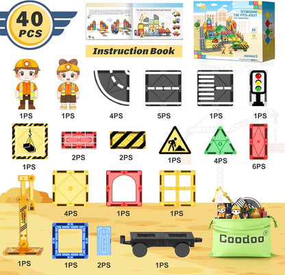 Coodoo Kids Games Magnetic Tiles Road Set with Extendable Magnetic Crane, City Construction Building Toys for Toddlers STEM Preschool Ages 4-6 5-7, Gifts for 3+ Year Old Boys Girls Kids Toys with Car