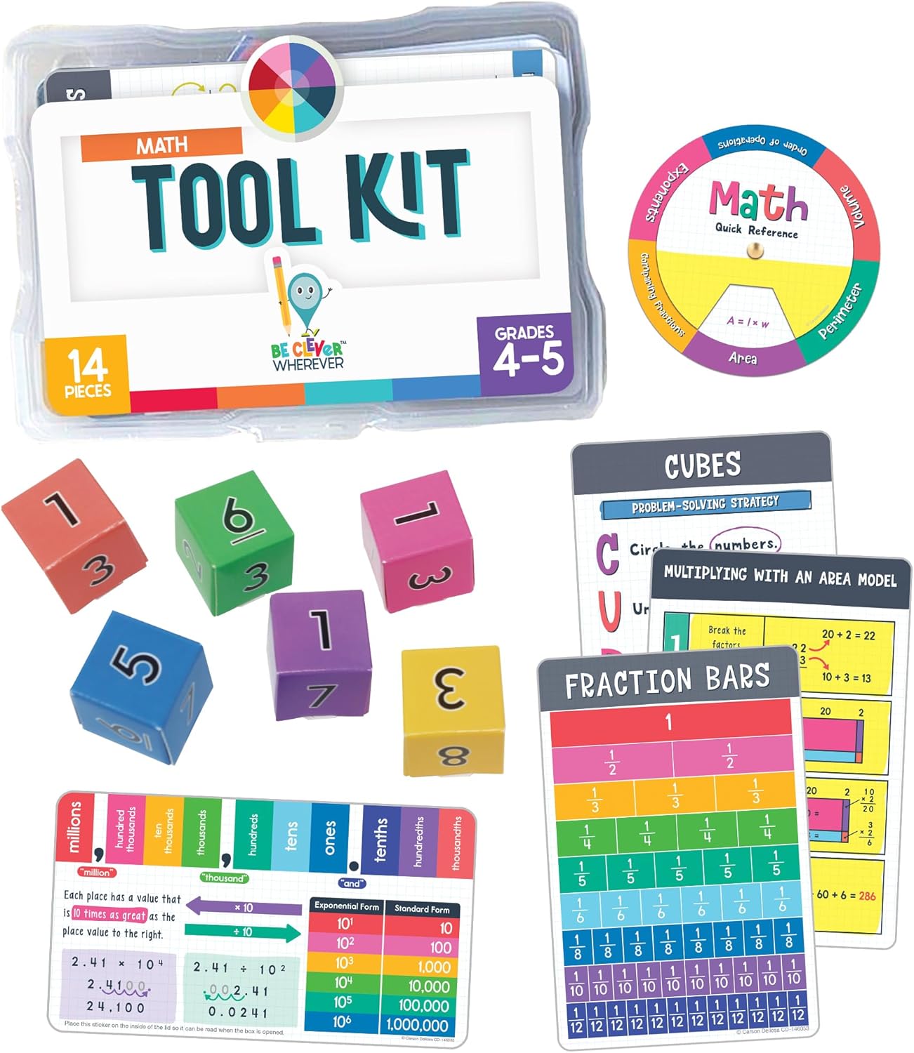 Carson Dellosa 30-Piece Be Clever Wherever Grades 4-5 Mathematics Tool Kit, Sticker Chart, Spin Wheel, Counting Cubes, and More Math Manipulatives Covering Multiplication and Fractions