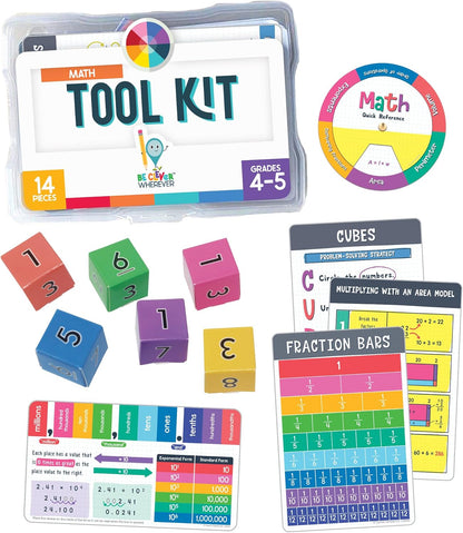 Carson Dellosa 30-Piece Be Clever Wherever Grades 4-5 Mathematics Tool Kit, Sticker Chart, Spin Wheel, Counting Cubes, and More Math Manipulatives Covering Multiplication and Fractions