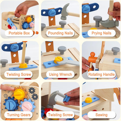 Wooden Kids Tool Set with Electric Screwdrivers, 91PCS Educational STEM Construction Toys, Wooden Tool Bench Montessori Toy Tool Box for 3 4 5 YO Boys & Girls Birthday Gift (91Pcs)