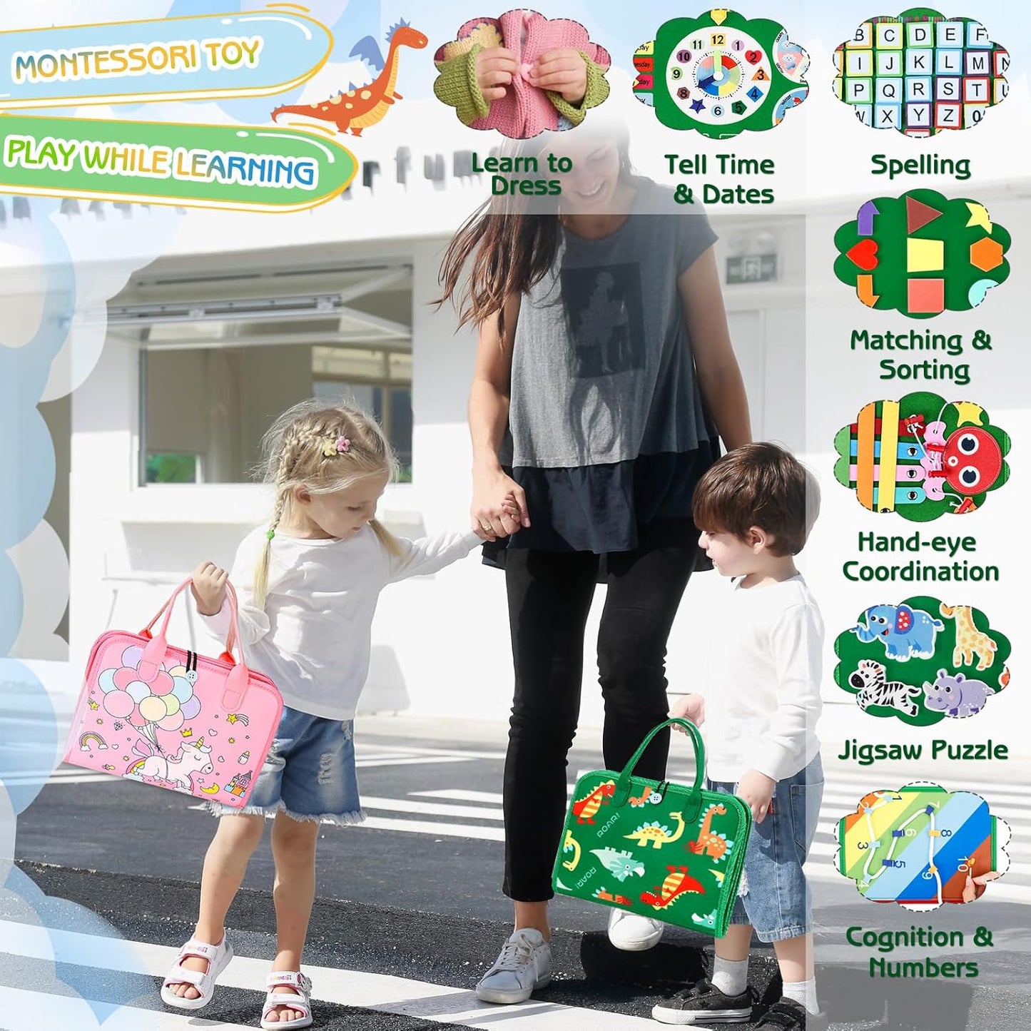 Esjay Toddler Busy Board Montessori Toys for Boys Girls, Sensory Book Educational Activities for Learning Fine Motor Skills, Birthday Gifts for Toddlers, Travel Toys for Airplane Car, White Dinosaur
