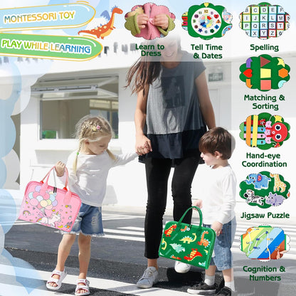 Esjay Toddler Busy Board Montessori Toys for Boys Girls, Sensory Book Educational Activities for Learning Fine Motor Skills, Birthday Gifts for Toddlers, Travel Toys for Airplane Car, White Dinosaur
