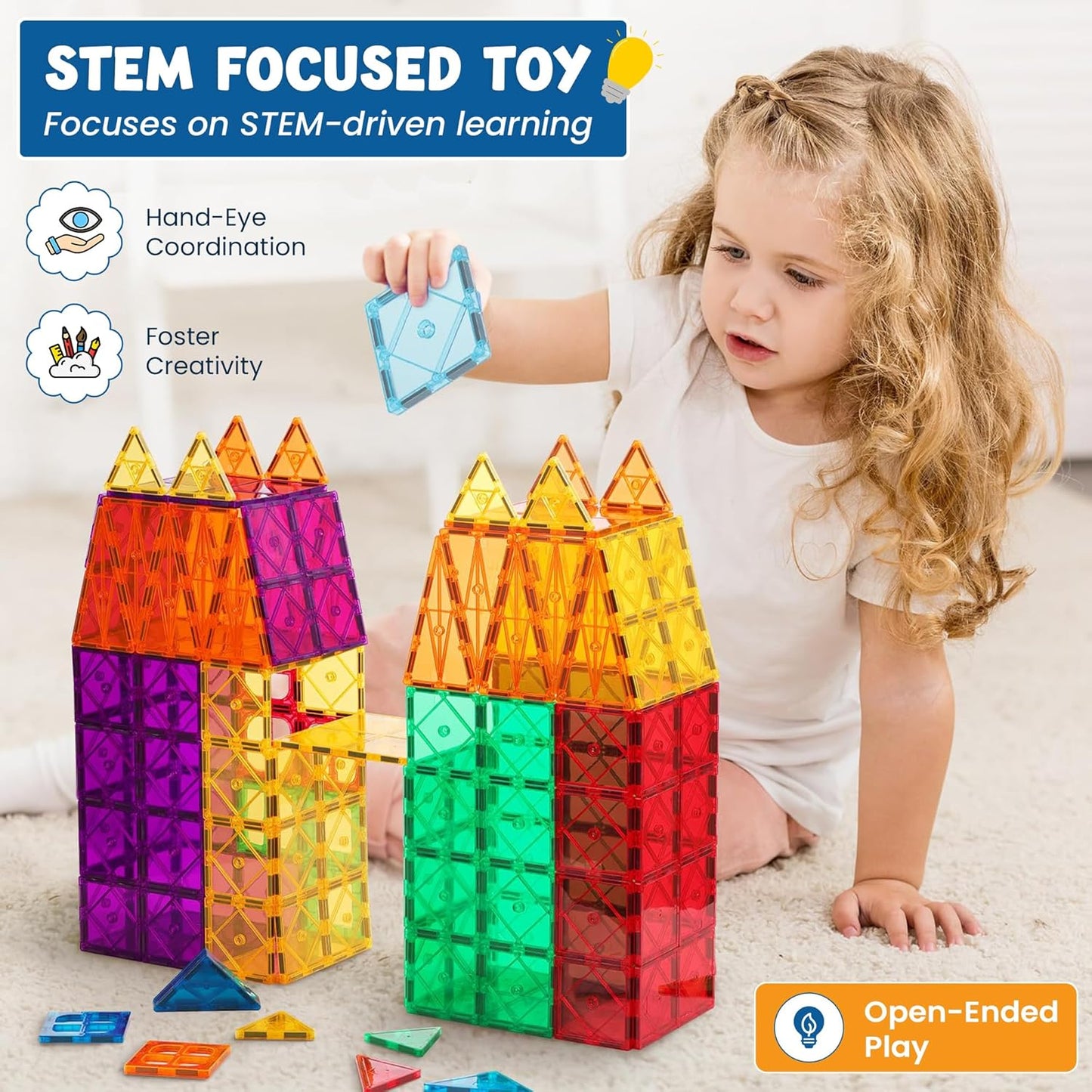 100 Pc Magnetic Tiles Building Blocks Set for Kids Educational Magnet Toys for Preschool Learning, Creative Play Room Toys for Boys & Girls