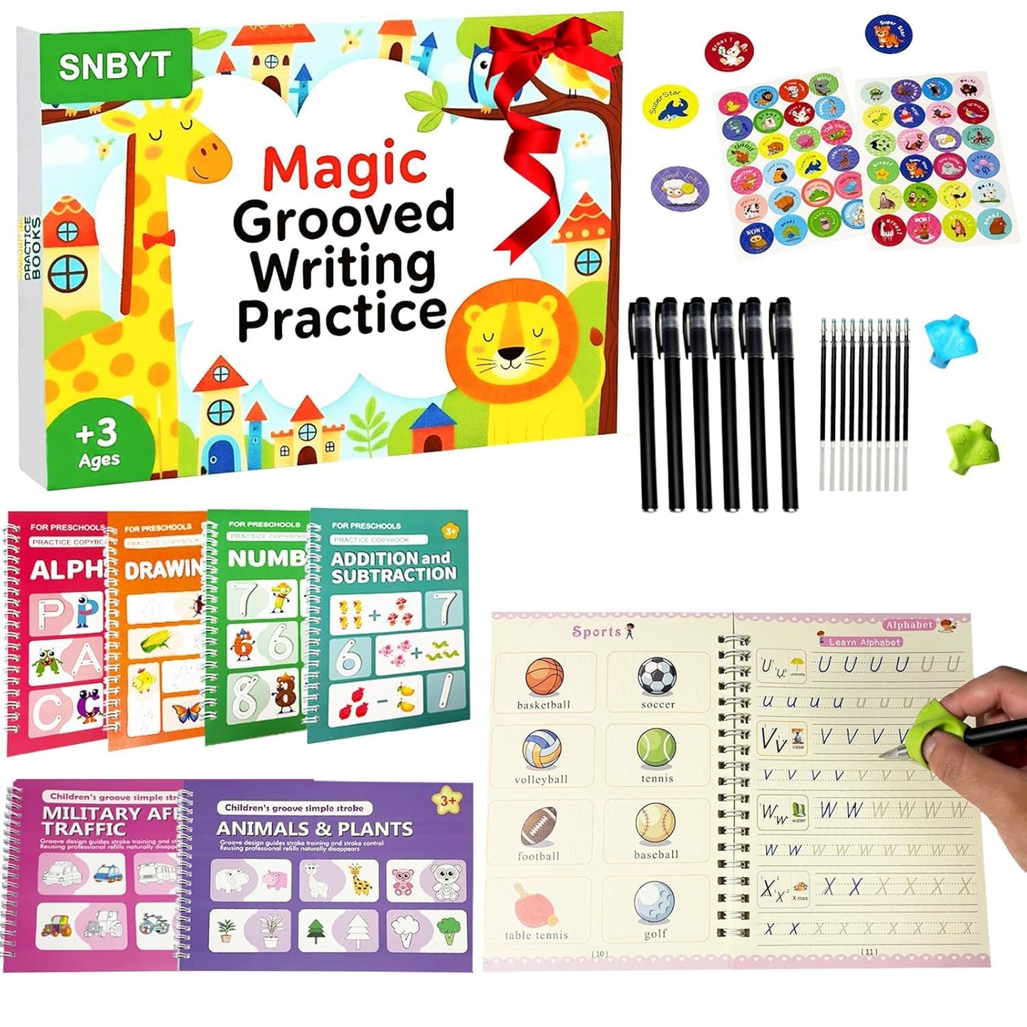 Magic Grooved Writing Practice Books for Kids Ages 3–5, 6 Reusable Handwriting Books with 6 Pens, 10 Refills, 2 Soft Grips & 2 Fun Stickers, Preschool Learning Gifts for Kids Ages 5–10