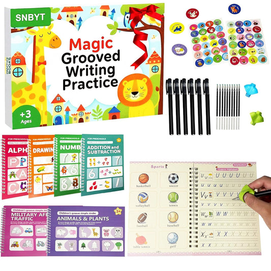 Magic Grooved Writing Practice Books for Kids Ages 3–5, 6 Reusable Handwriting Books with 6 Pens, 10 Refills, 2 Soft Grips & 2 Fun Stickers, Preschool Learning Gifts for Kids Ages 5–10