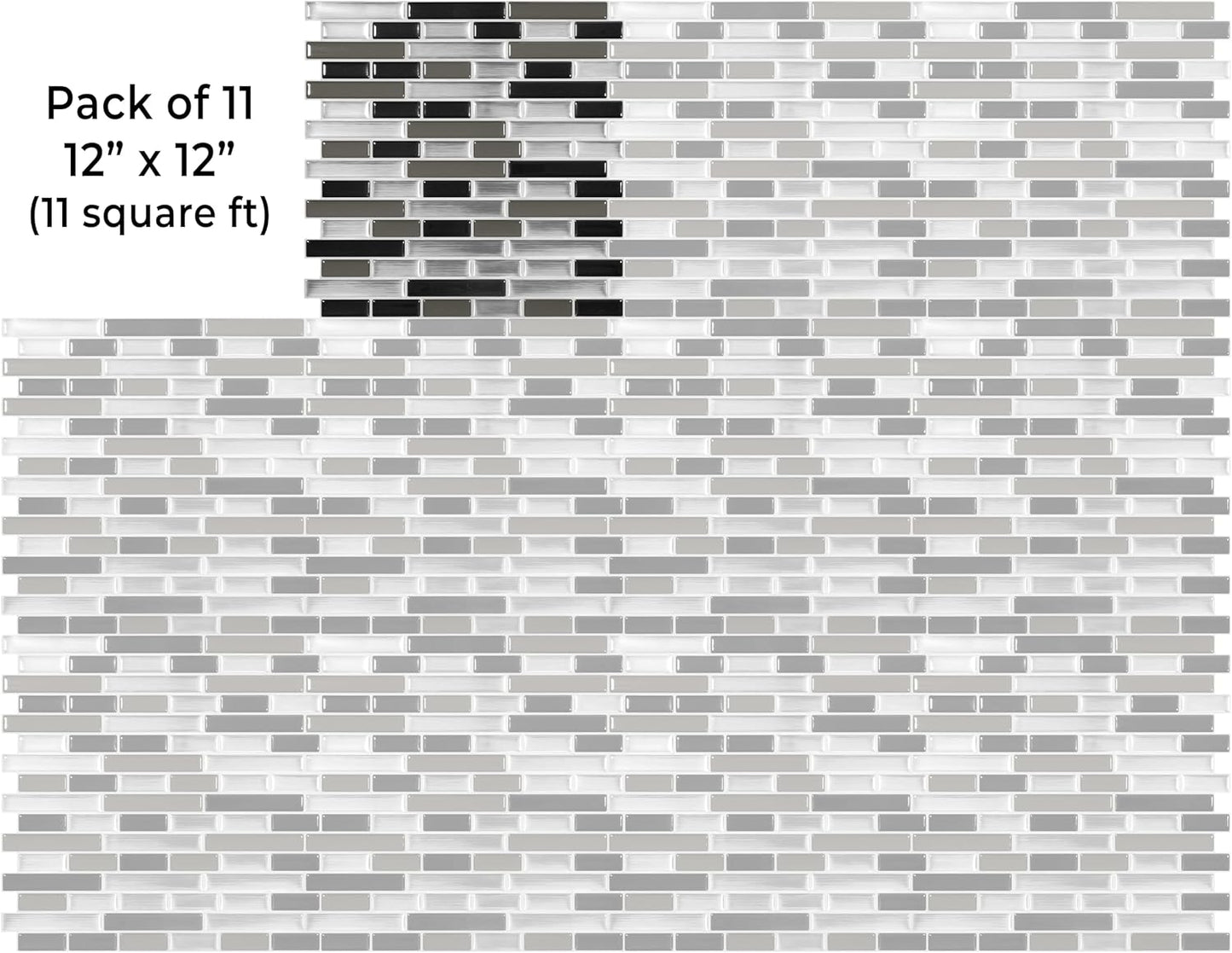 VViViD 11 Sheets Peel and Stick Grey Gloss Faux Ceramic Brick Wall Tiles, Self Adhesive Backsplash 12”x12”, 2mm Thick Kitchen, Bathroom (11 sq. ft.)