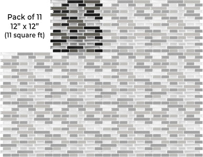 VViViD 11 Sheets Peel and Stick Grey Gloss Faux Ceramic Brick Wall Tiles, Self Adhesive Backsplash 12”x12”, 2mm Thick Kitchen, Bathroom (11 sq. ft.)