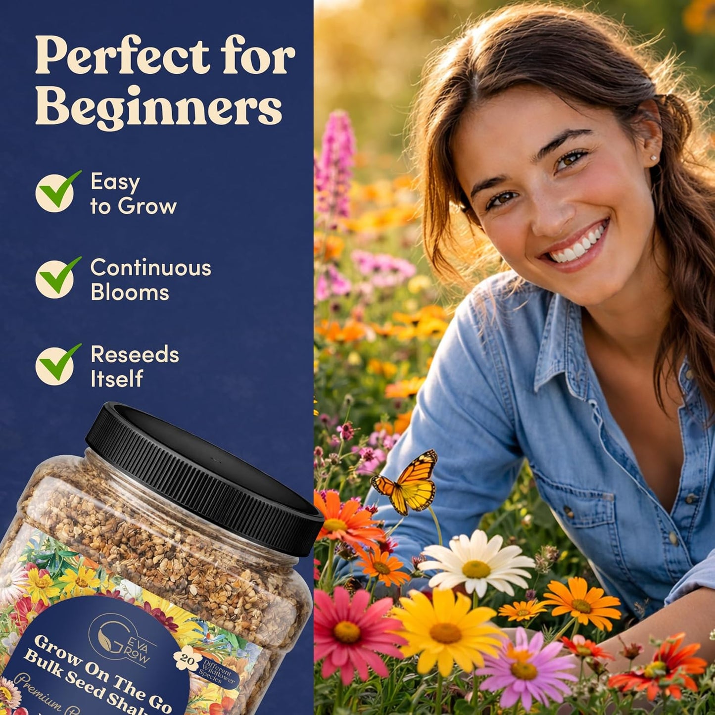 Mini Wildflower Seed Shaker - Save The Bees Seed Mix, by GevaGrow | 80,000+ Seeds | Pollinator & Bee Attracting Flower Seeds Bulk for Planting in Pots & Outdoor Gardens | 2 Ounce