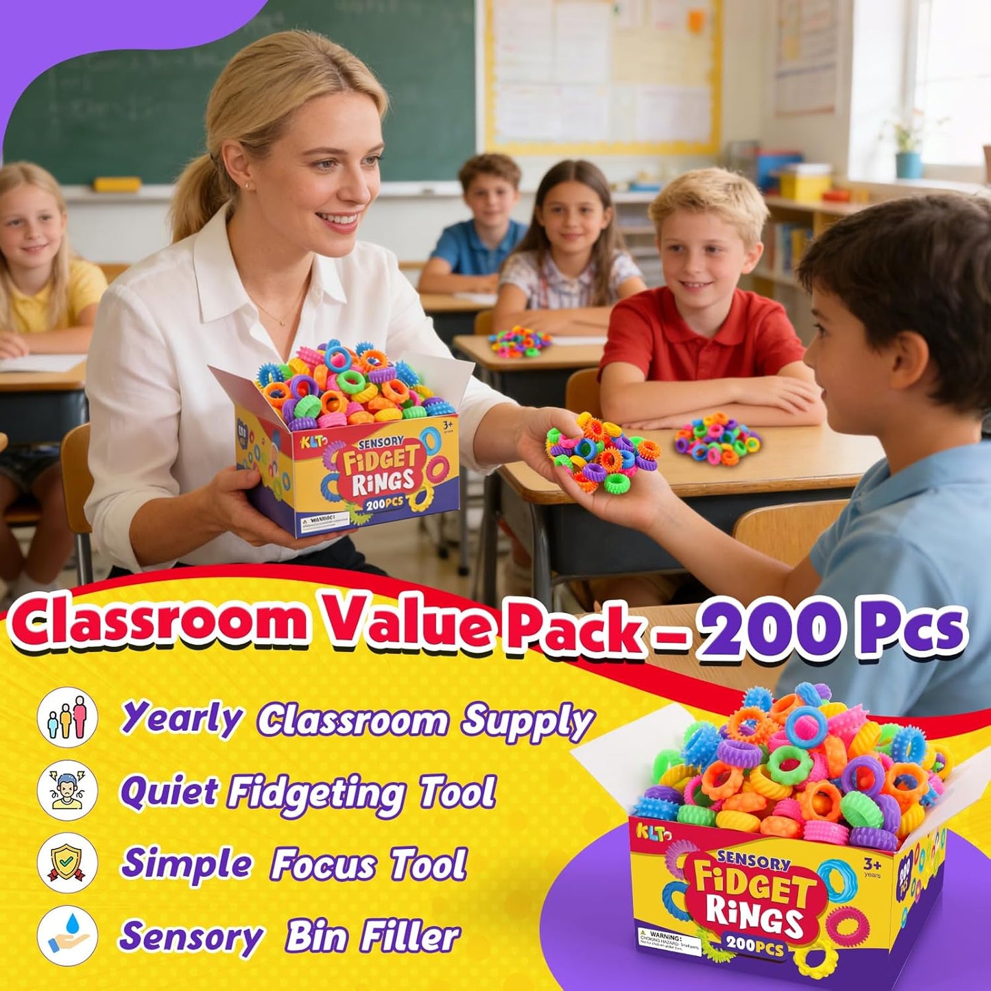 KLT Fidget Toys Bulk for Kids: 200pcs Textured Fidget Ring - Classroom Prize Box Filler - Party Favor Treasure Chest & Goodie Bags Stuffers - ADHD Autism Kids Sensory Calming Toy