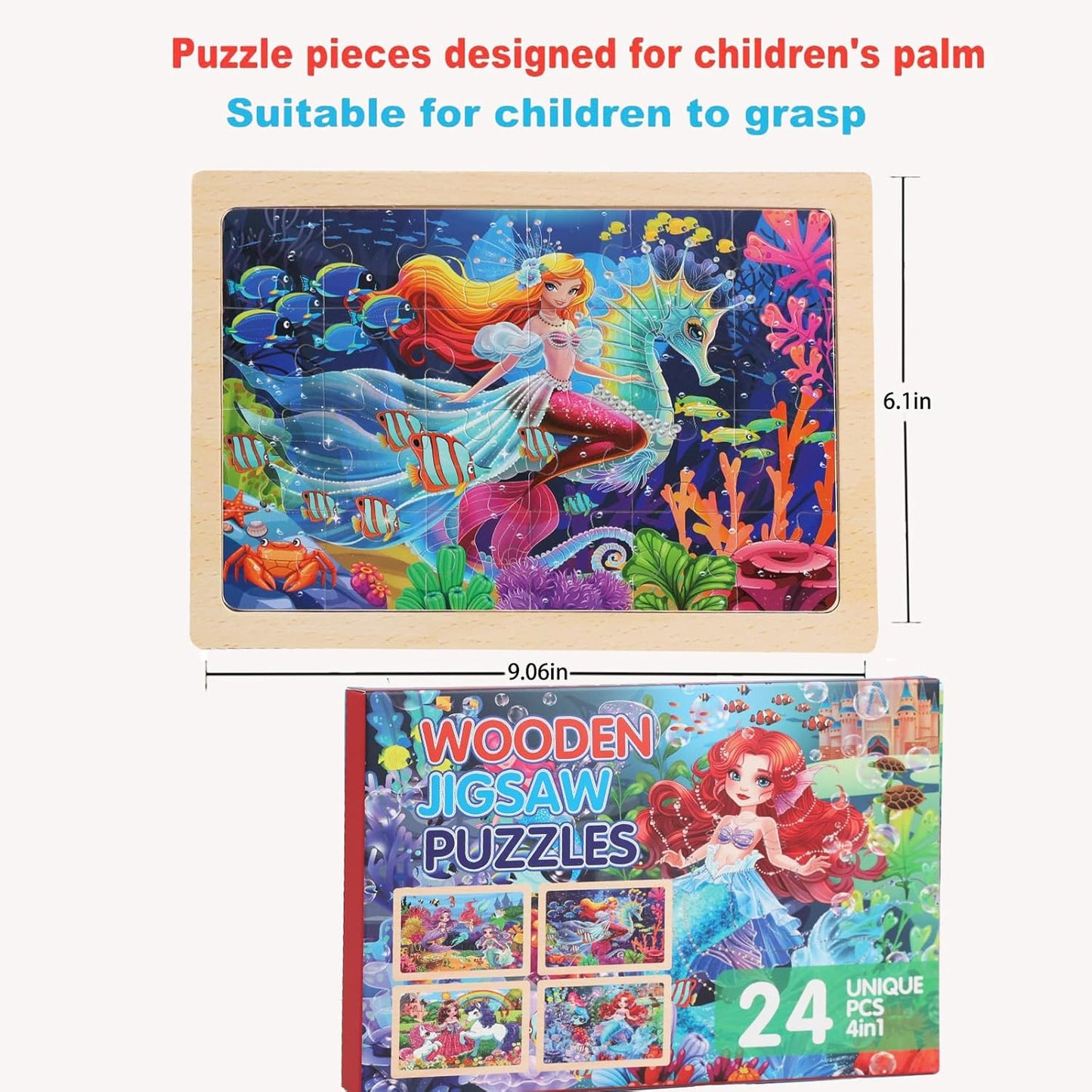 4 Sets of Wooden Puzzles, Each Set has 24 Pieces, Including Castle Unicorn Princess, for Toddlers 3-5, Puzzles for Kids Ages 4-6, Preschool Educational Brain Teaser Toys for Girls 3 4 5 6 Years Old.