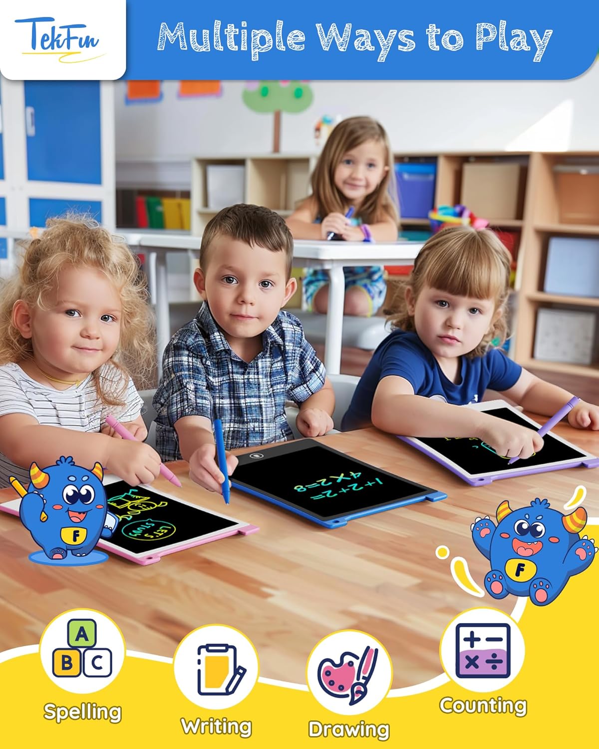 TEKFUN Kids Toys, 2Pcs LCD Writing Tablet with 4 Stylus, 8.5in Erasable Doodle Board Mess Free Drawing Pad for Kids, Car Trip Educational Toys Birthday for 3 4 5 6 7 Girls Boys