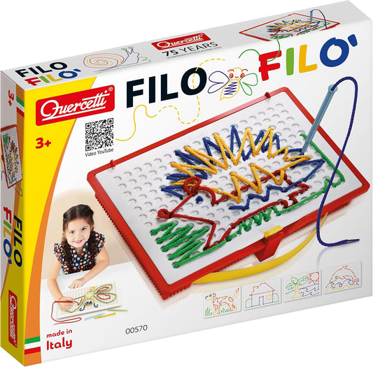 Quercetti Filo Play Set - A Novel Lacing Tool with 18 Pattern Templates to Create Art with String- for Ages 4 and Up (Made in Italy)