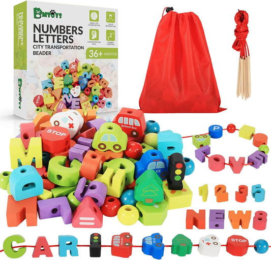 BMTOYS Montessori Educational Threading Toys Wooden Stringing Farm Animals Fruits Lacing Beads Preschool Toy for Toddler 3 4 5 Year Old Boys Girls