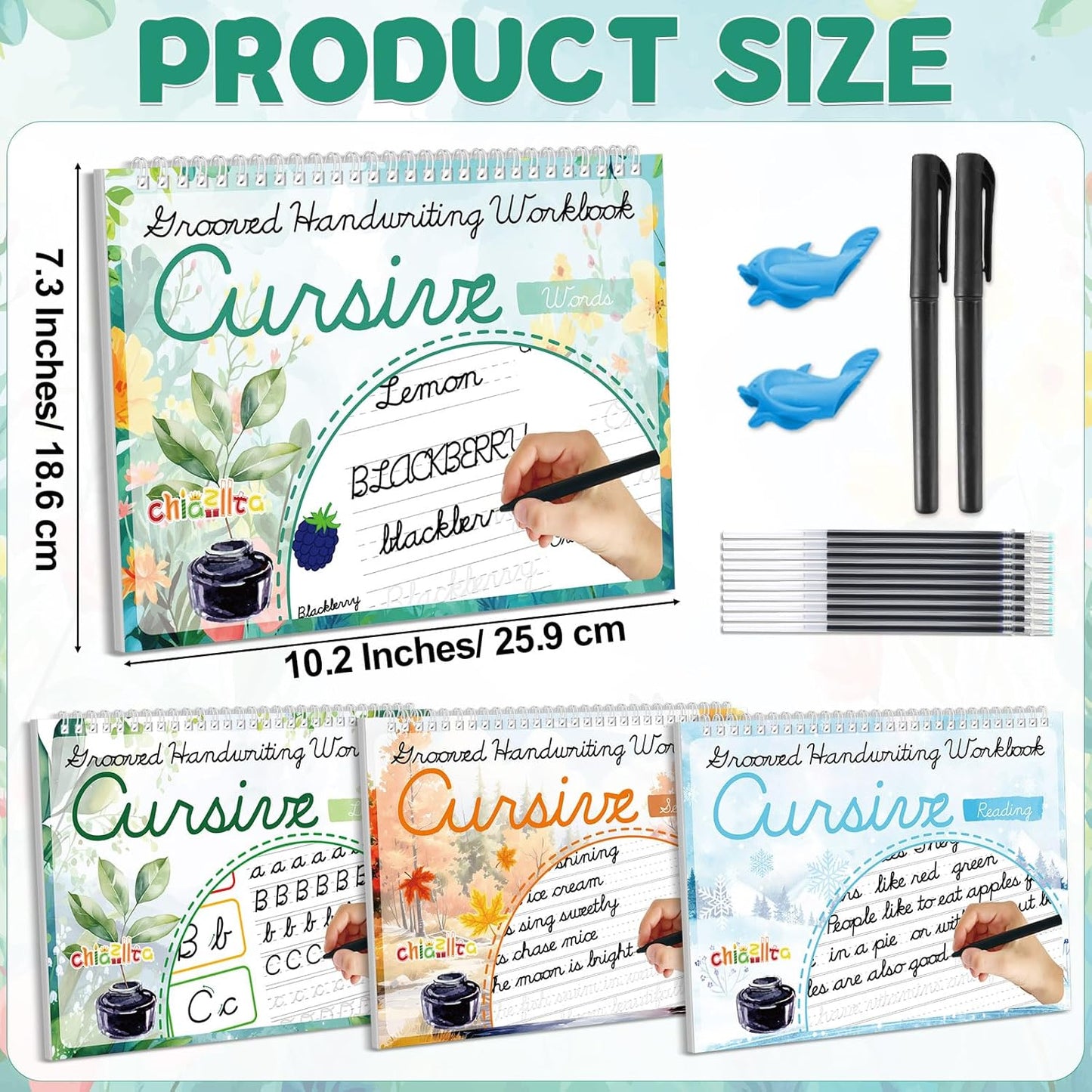 chiazllta 4 Pack Grooved Cursive Handwriting Practice Kit with Disappearing Ink Pens Magic Reusable Grooved Cursive Writing Workbooks Copybook for Beginners Kids (Words&Sentence&Reading&Letters)