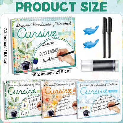chiazllta 4 Pack Grooved Cursive Handwriting Practice Kit with Disappearing Ink Pens Magic Reusable Grooved Cursive Writing Workbooks Copybook for Beginners Kids (Words&Sentence&Reading&Letters)