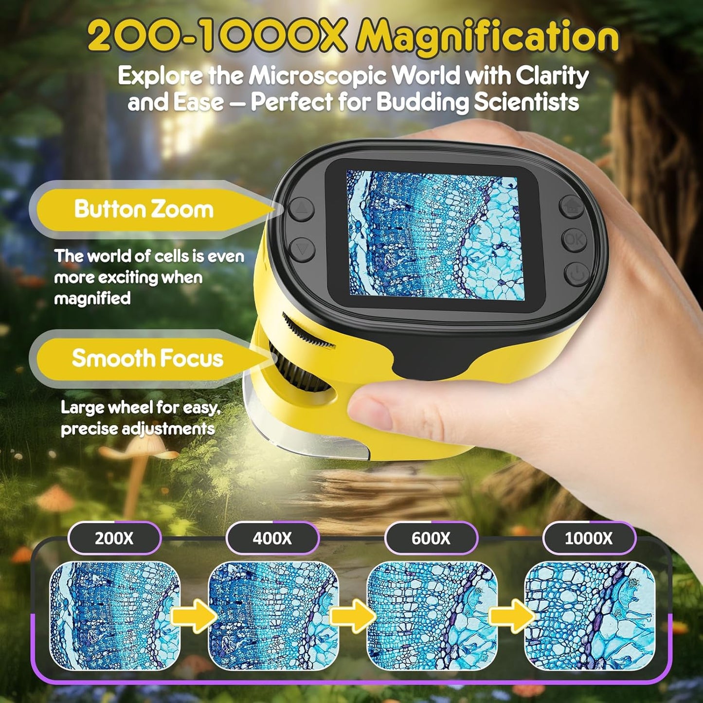 1000X Handheld Microscope for Kids 4K 2.0" Screen Rechargeable Mini Pocket Digital Microscopes w/Slides Kit Portable Edu Gift Age 4-6 8-12 Children Students (White)