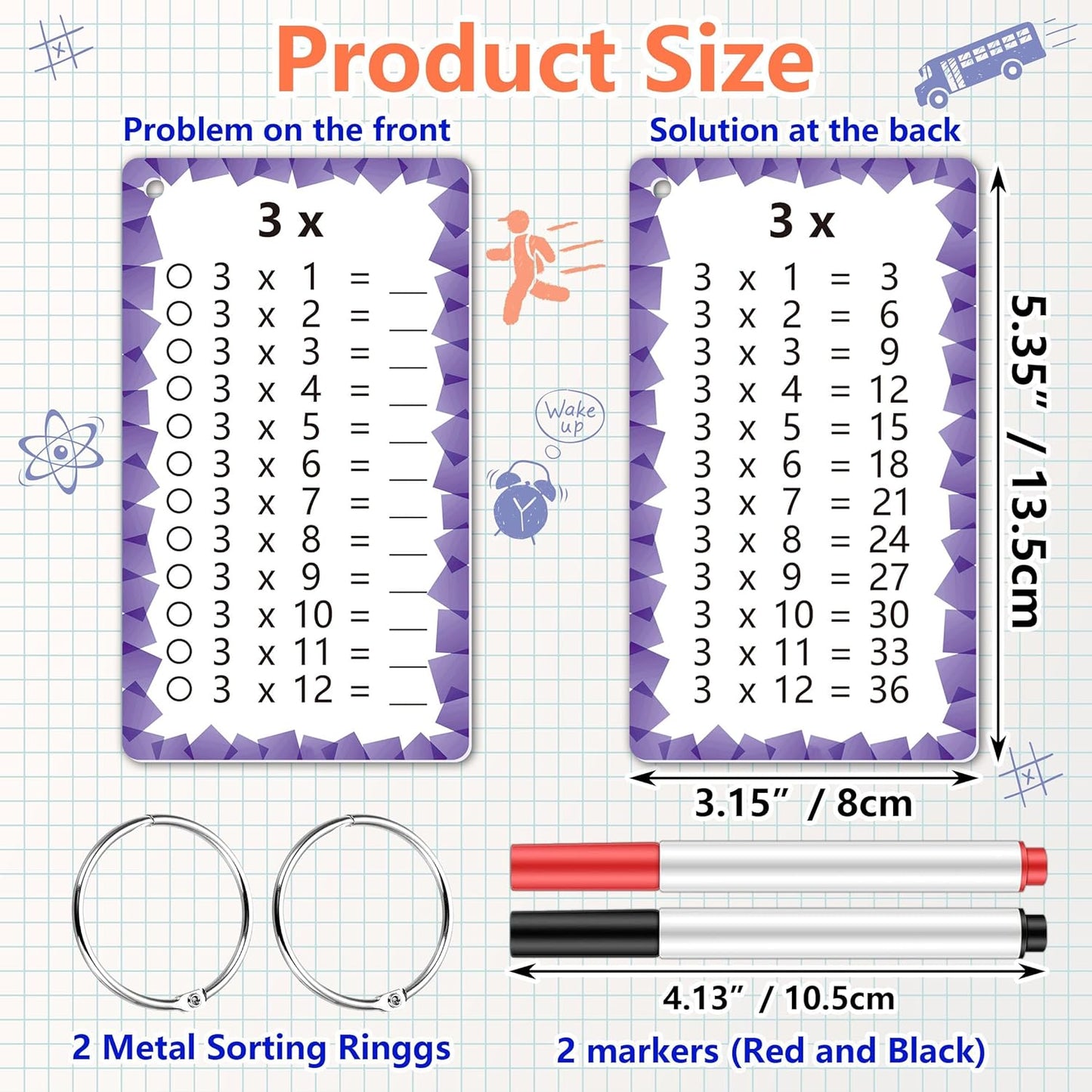 1 Set of 13 Multiplication Flashcard Math Game Times Table Flash Cardstock with 2 Dry Erase Markers and 2 Rings for Grades 1 to 3 Kids Fun Classroom Learning Supplies