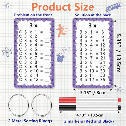 1 Set of 13 Multiplication Flashcard Math Game Times Table Flash Cardstock with 2 Dry Erase Markers and 2 Rings for Grades 1 to 3 Kids Fun Classroom Learning Supplies