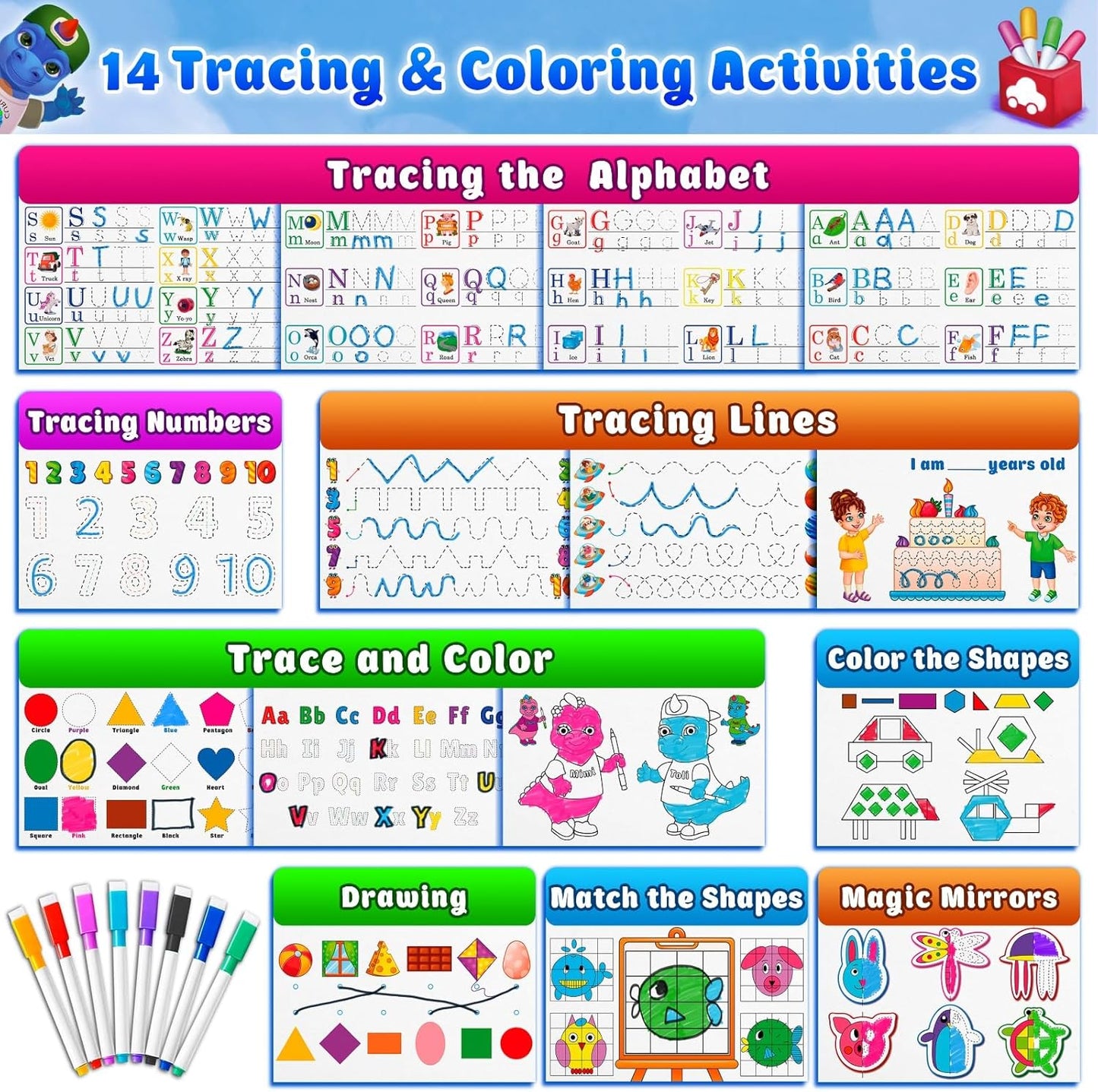 Curious 2 Learn Montessori Busy Book for Toddlers Ages 3-5 – Preassembled Preschool Learning Binder with 28 Activities, Travel Bag & 8 Markers – Educational Toy & Gift for 3 Year Old Boys (Blue)