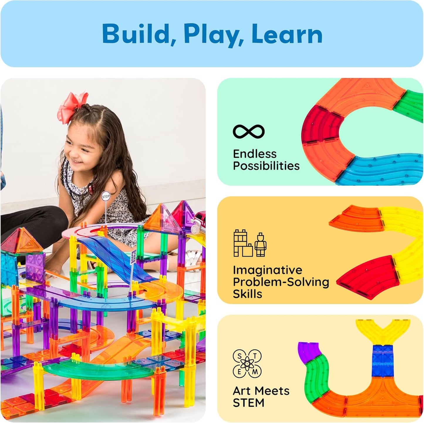 PicassoTiles 121pc Magnetic Tile Race Track Marble Run Magnet Tiles 3-in-1 Playset Car Racing Construction Set STEM Learning Early Education Building Toy Cars for School Toddlers Boys Girls Ages 3+