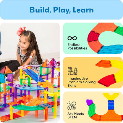 PicassoTiles 121pc Magnetic Tile Race Track Marble Run Magnet Tiles 3-in-1 Playset Car Racing Construction Set STEM Learning Early Education Building Toy Cars for School Toddlers Boys Girls Ages 3+