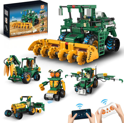 5 IN 1 STEM Robot Toys Building Kits for Kids Ages 6-14, App & Remote Control STEM Harvester/Plowing Cart/Water Truck Robot Building Set, Programmable Transformers RC Robotics Gifts for Kids Boys