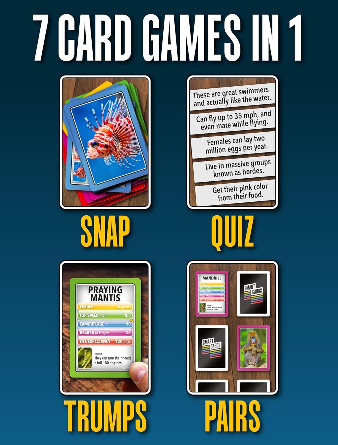 SMART CARDS DINOSAURS Card Game - Matching Pairs, Snap, Trumps, Rummy, Happy Families (7 Games To Play) | Travel Game, Gift, Stocking Stuffer | for Adults, Kids, Boys, Girls | Age 5+, 1-8 Players