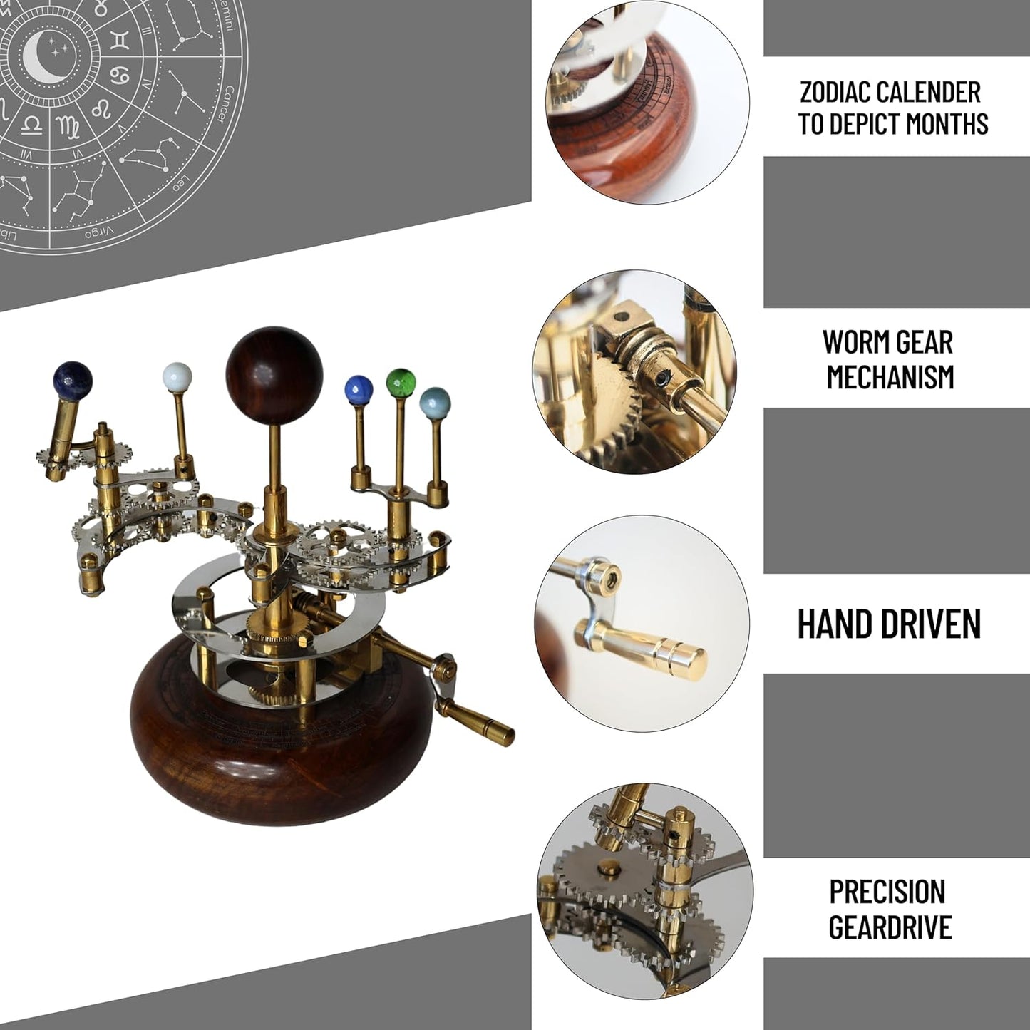 Solar System Model | Educational & Decorative Astronomy Orrery | Premium Brass Mechanical Planetarium (8" Earth & Moon)