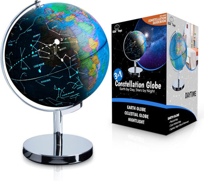 USA Toyz Illuminated Globe for Kids Learning- 3-in-1 STEM Globes of the World with Stand, Constellation Map, Built-in LED Night Light Desk Globe Lamp, Non-Tip Metal Base, 9.75” Tall, 7 Inch Diameter