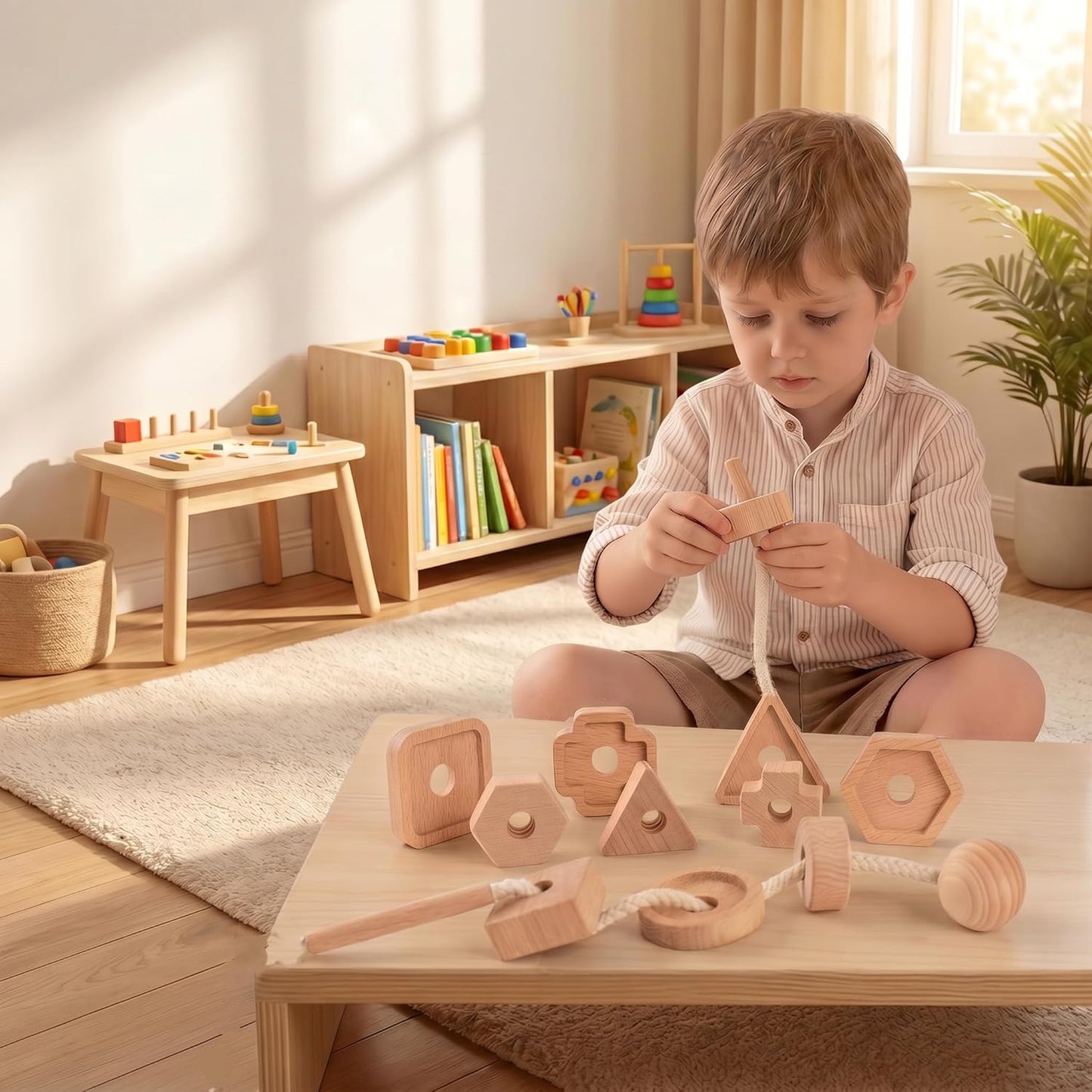 Wooden Screw and Nut Playset for Kids, Montessori Shape Sorting Toy, Lacing Beads for Kids, Preschoolers Activities, Building Construction Screw Matching Toys for Boys Girls Ages 3,4,5