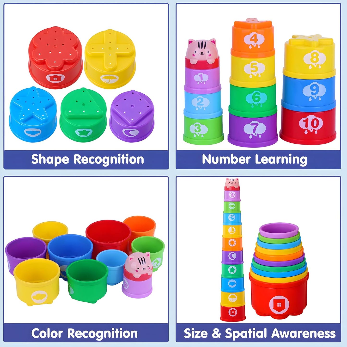 WEEJOYGAM Baby Stacking Cups, Nesting Stacking Toys for Toddlers 1-3 with Light and Sound, Montessori Toys for 1 Year Old Babies 6-12 12-18 Months Easter Gift Color Stack Bath Beach Blocks Rainbow Set