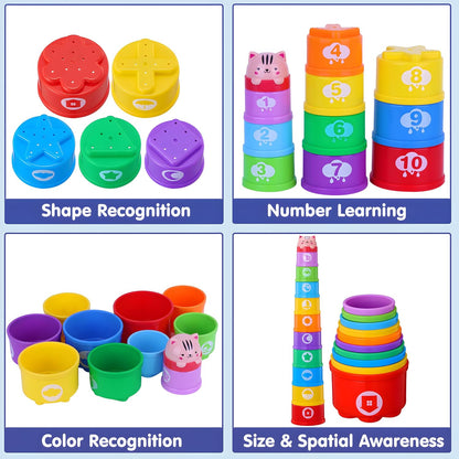 WEEJOYGAM Baby Stacking Cups, Nesting Stacking Toys for Toddlers 1-3 with Light and Sound, Montessori Toys for 1 Year Old Babies 6-12 12-18 Months Easter Gift Color Stack Bath Beach Blocks Rainbow Set
