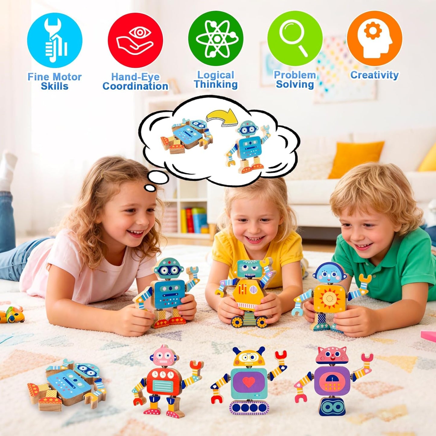 Robots Wooden Snap-Together Building Toys – 28-Piece STEM Montessori Educational Blocks for Toddlers Ages 3–6 | Fine Motor Skills Development | Safe, Durable, Creative Robot Toys Gift for Kids