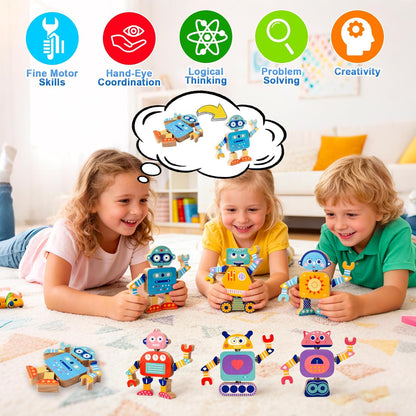 Robots Wooden Snap-Together Building Toys – 28-Piece STEM Montessori Educational Blocks for Toddlers Ages 3–6 | Fine Motor Skills Development | Safe, Durable, Creative Robot Toys Gift for Kids