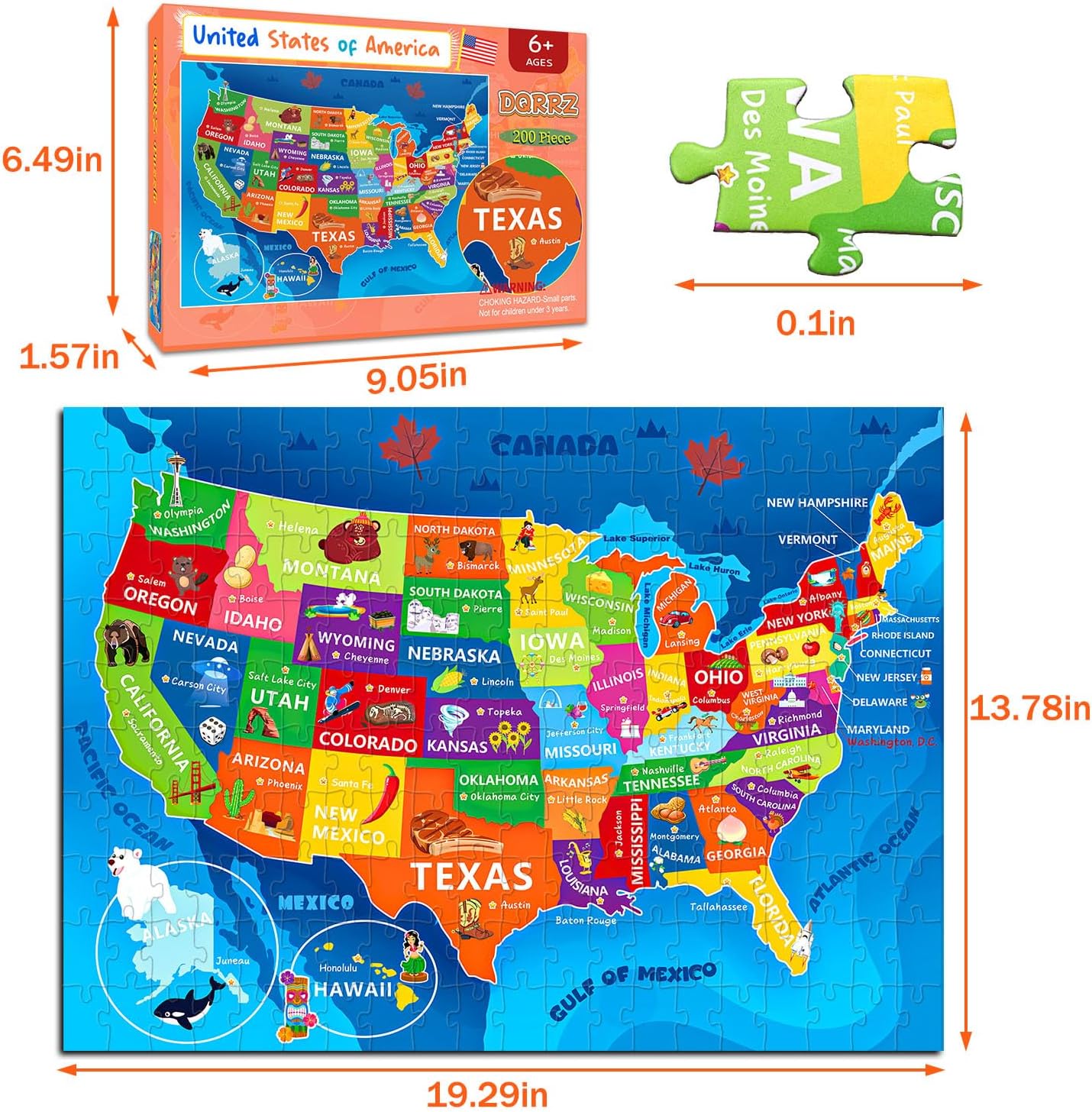 United States Map Puzzle for Kids Ages 6-8 8-10 10-12 - 200 Piece Floor Jigsaw with Poster - Educational USA Geography Jigsaw with 50 States & Capitals - Large Map Puzzle STEM Gift for Boys and Girls