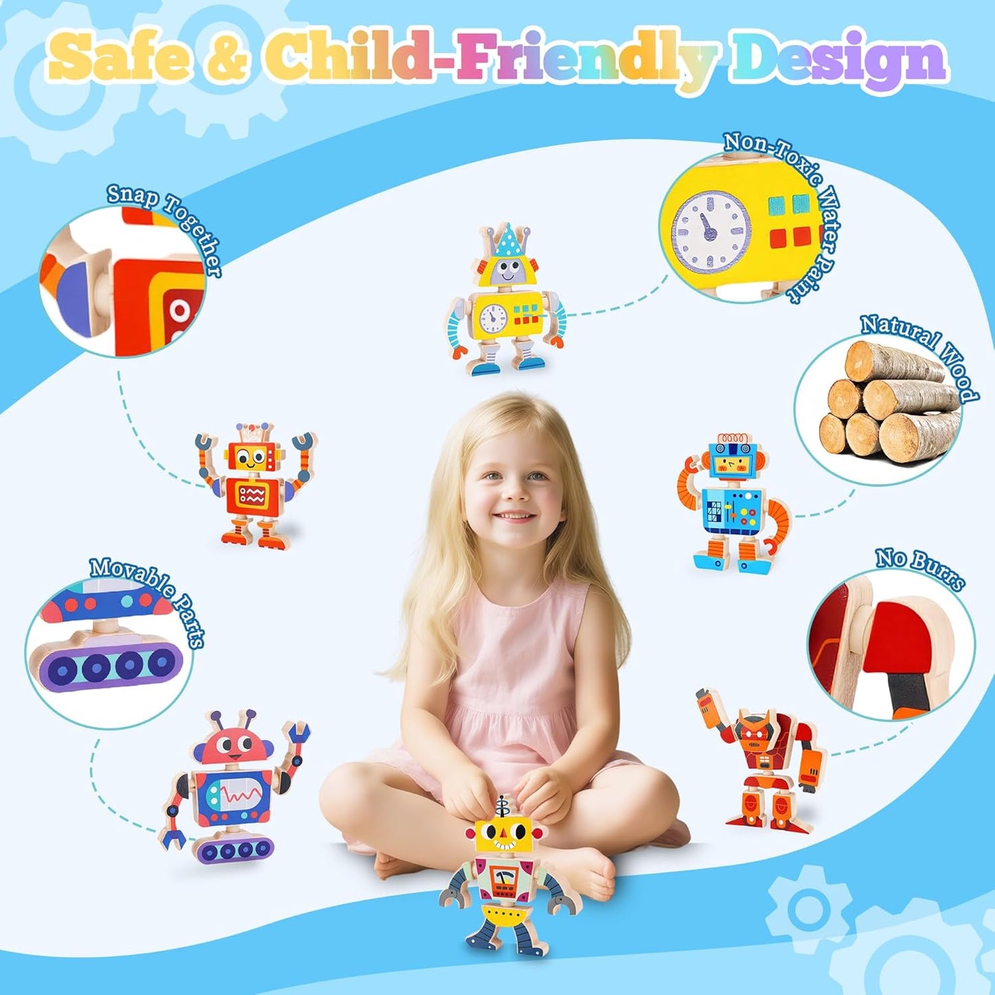 ATOYUS Wooden Robot Building Blocks Toys, STEM Montessori Preschool Toys for 3+ Year Old Toddlers, 35 Pcs Snap Together Take Apart Toy Playset for Kids Ages 3-5, Boys Girls Christmas Birthday Gifts