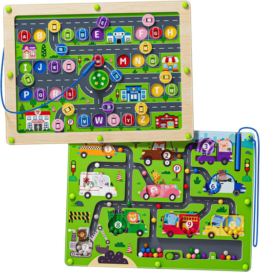 2 in 1 Magnetic Color and Number Maze Double-Sided ABC Alphabet Puzzles Board Magnet Dinosaur Counting Maze Preschool Learning Montessori Education 3 4 5 Years Toys (Multicolored, One Size)