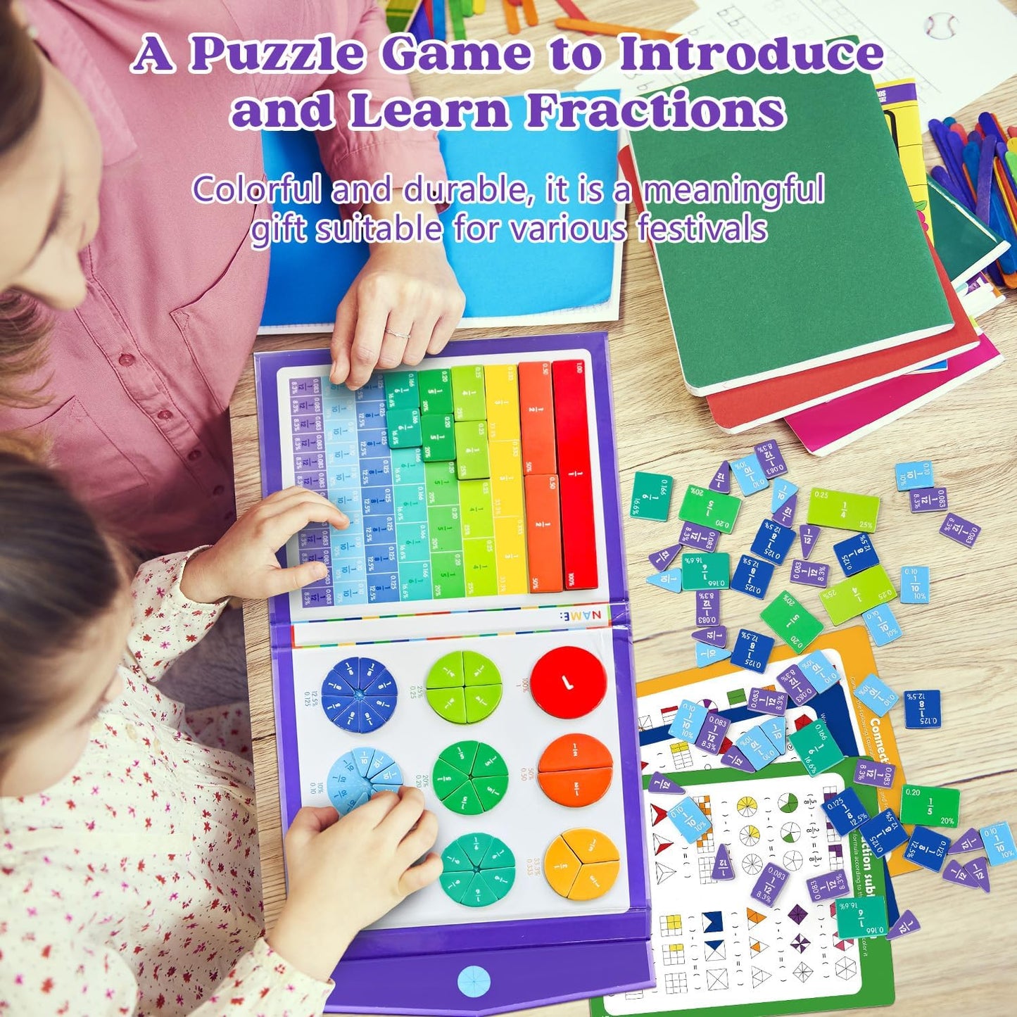 Magnetic Fraction Educational Puzzle STEM Toys Fraction Tiles and Fraction Circles Book Fraction Manipulatives for Elementary School Math Learning Toys Birthday for Kids