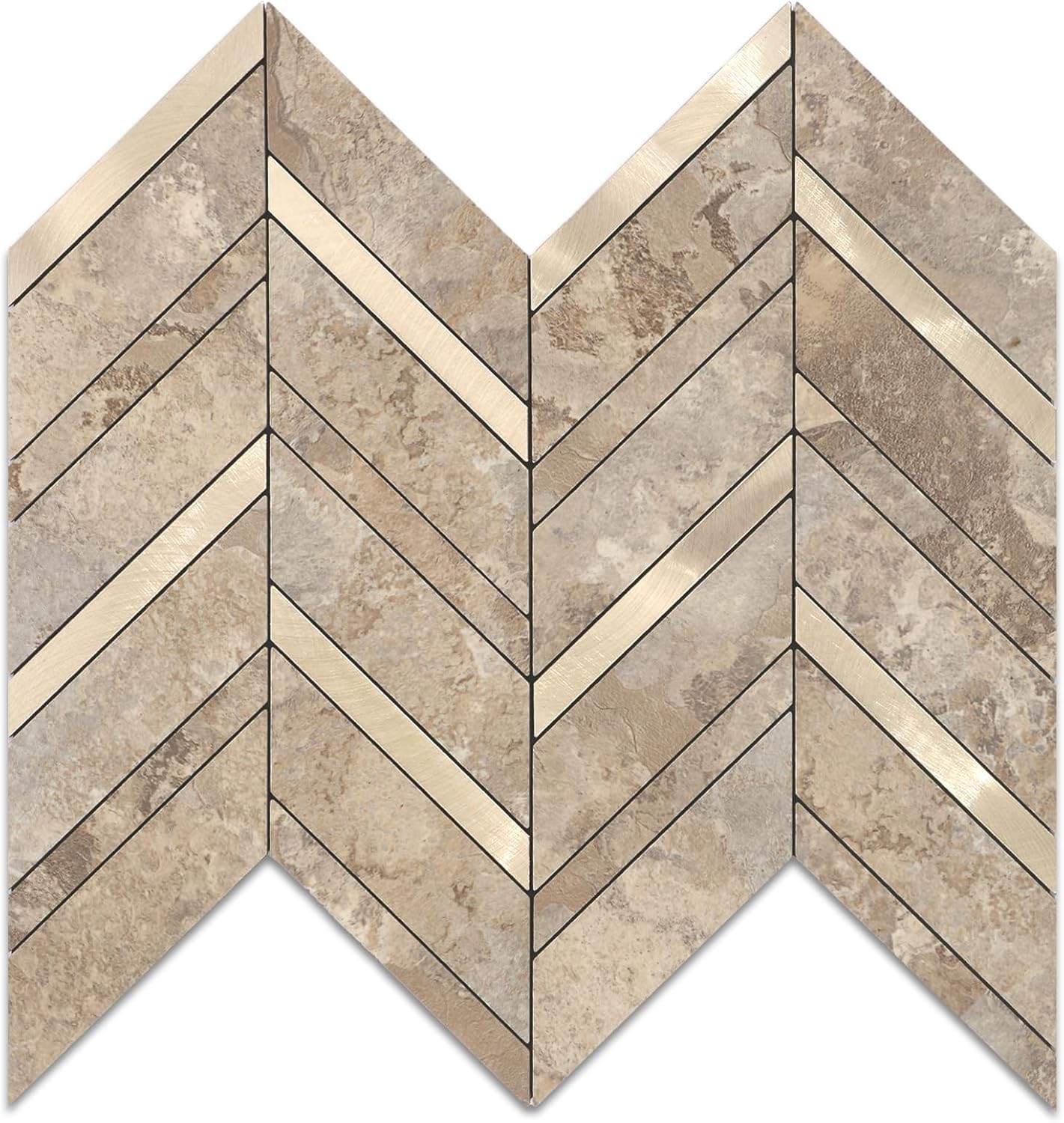 Yipscazo 10 Sheets Herringbone Backsplash Peel and Stick Tile, Marble Calacata Mixed Metal Gold PVC Stick on Backsplash for Kitchen, Waterproof Self Adhesive Wall Tile for Bathroom