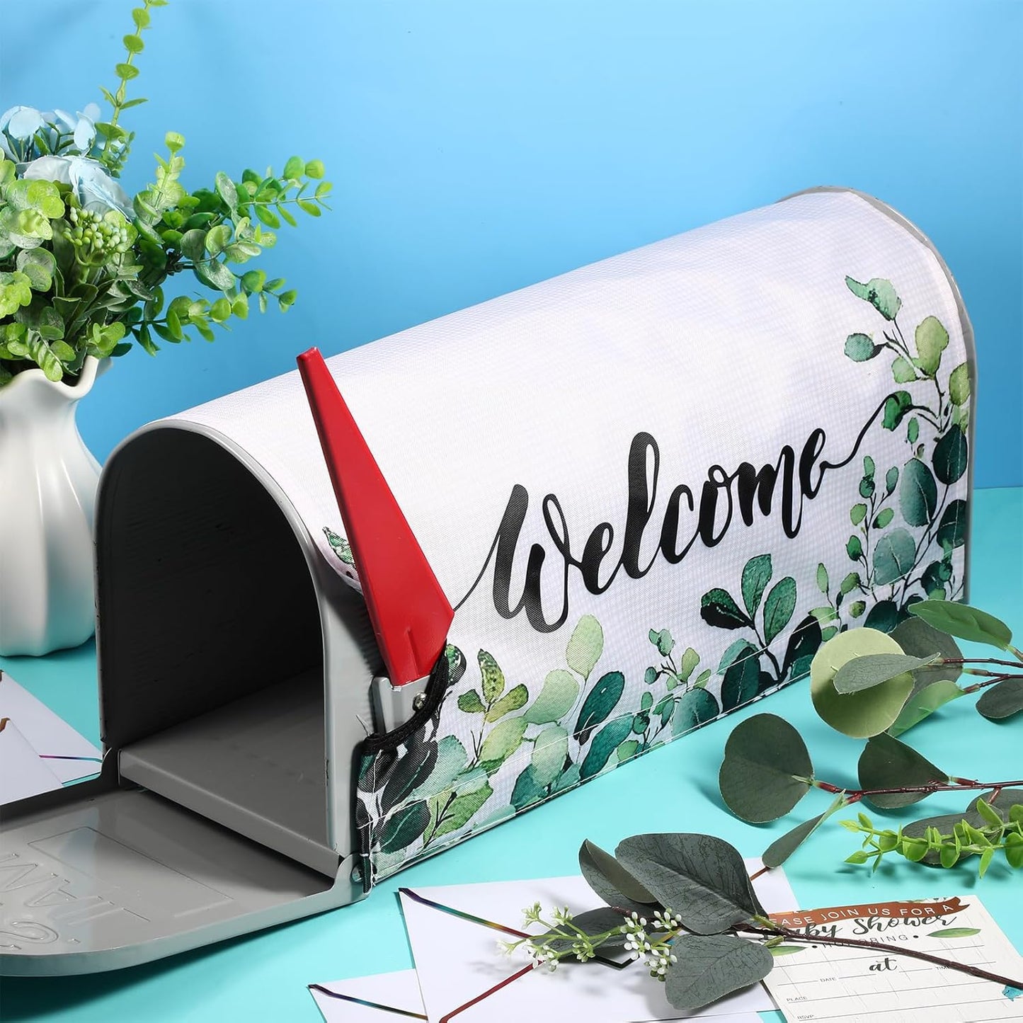 Tiamon Monogrammed L Mailbox Covers Magnetic Eucalyptus Welcome Letter Box Wrap Standard Size 21x18 Inch Spring Summer Leaves Mailbox Decor Eucalyptus Letter Numbers Decoration for Outdoor Garden Yard