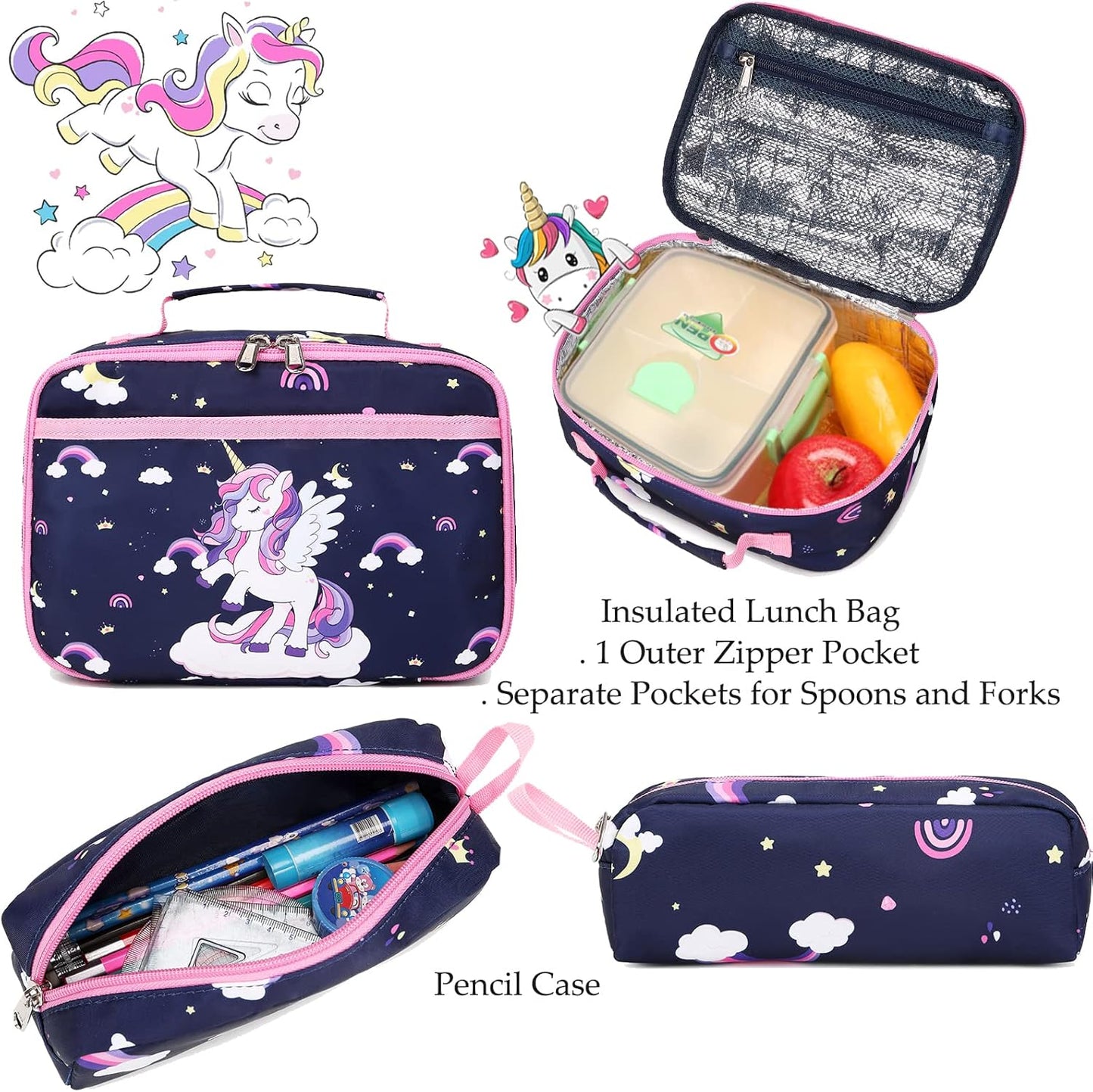 Girls Backpack for Elementary Unicorn Backpack Kids Backpack School Bookbag for Girls 3 in 1 Set Back to School