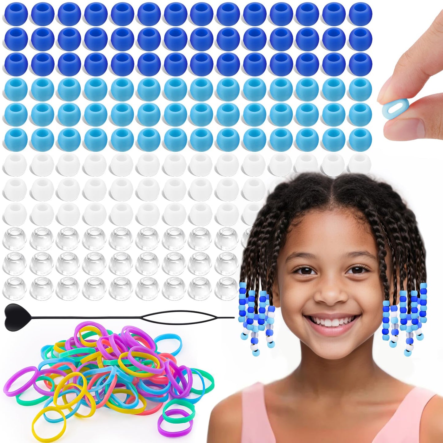 150Pcs 10mm Small Silicone Beads for Hair Braids, Soft Jellyish Pony Hair Beads with 5mm Hole + 50 Rubber Bands and 1 Beader for Braiding, DIY Bracelets Necklaces Crafts (Pink)
