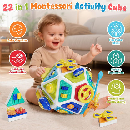 22-in-1 Baby Busy Board Activity Cube Toys, Montessori Toy for 1 Year Old Toddlers, Educational Learning Sensory Travel Toys for Infant 6-12 12-18 Months, 1st Baby Birthday Gifts for Boys Girls