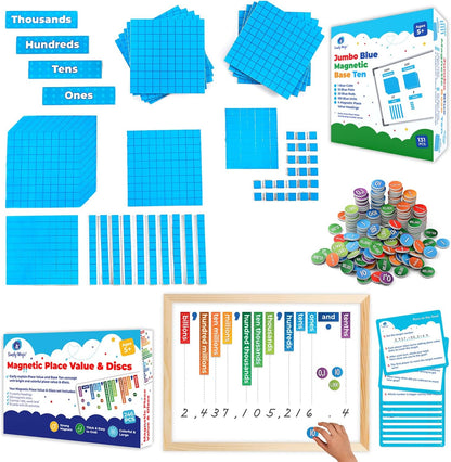 Simply Magic Magnetic Place Value & Discs Set & Jumbo Blue Magnetic Base Ten Blocks + Headings for Math